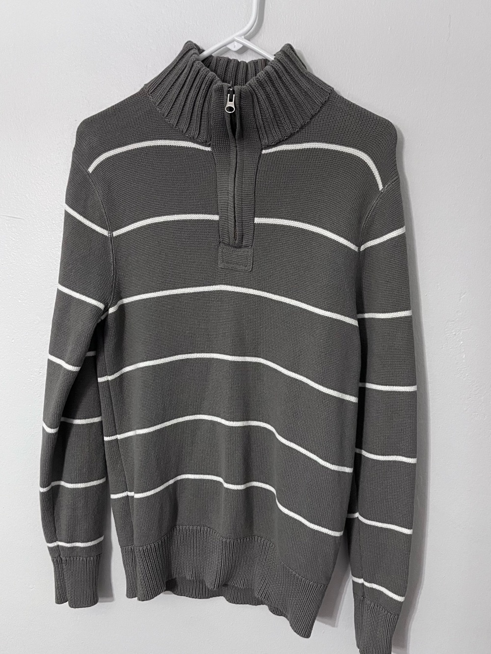 J.Crew Men’s Medium Taupe Gray Striped Quarter Zip Cotton Sweater Preppy
